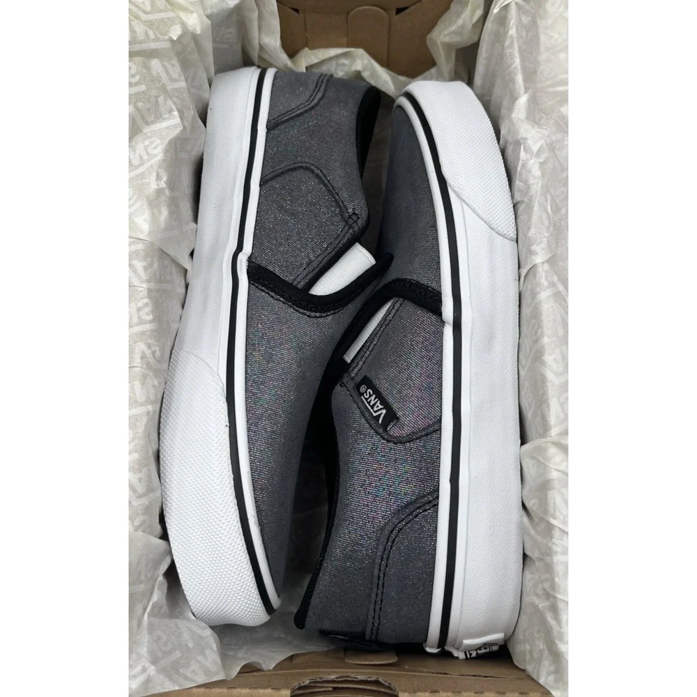 Vans Youth Girls Asher Slip On Casual Shoes Size 4 Shimmer Black Gray Sneakers